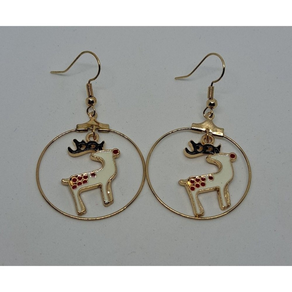Reindeer Earrings Women's White Elk Deer Gold Tone Christmas Holiday